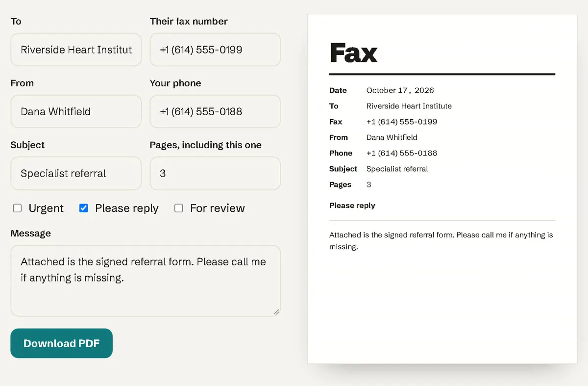 HonestFax cover sheet maker with To, From, Subject and Pages fields and a live preview of the cover sheet