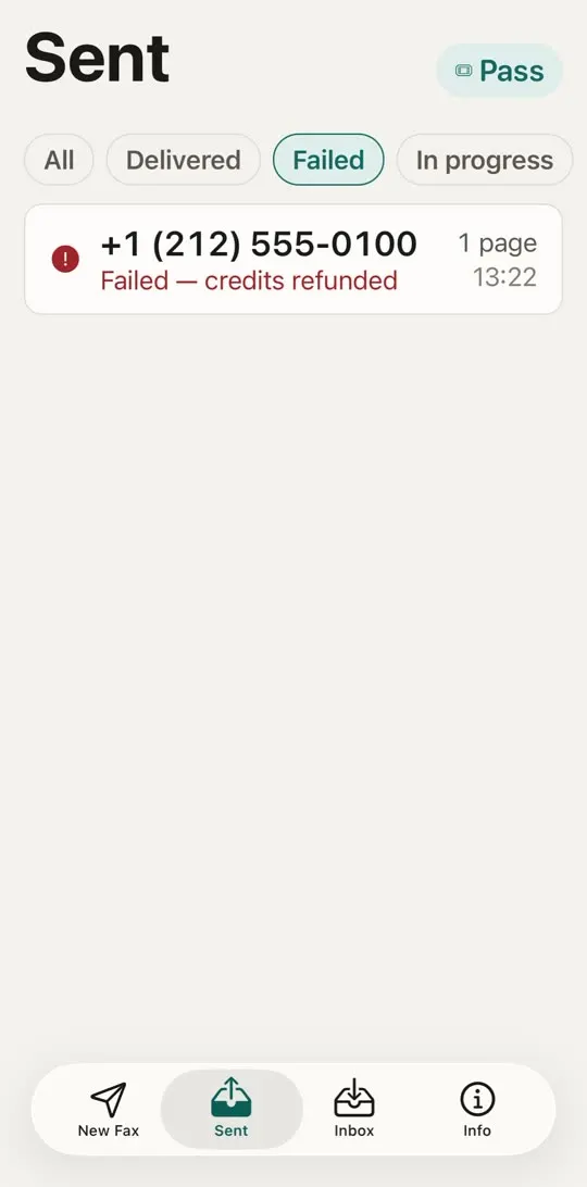 Sent tab filtered to Failed, showing a fax marked Failed, credits refunded