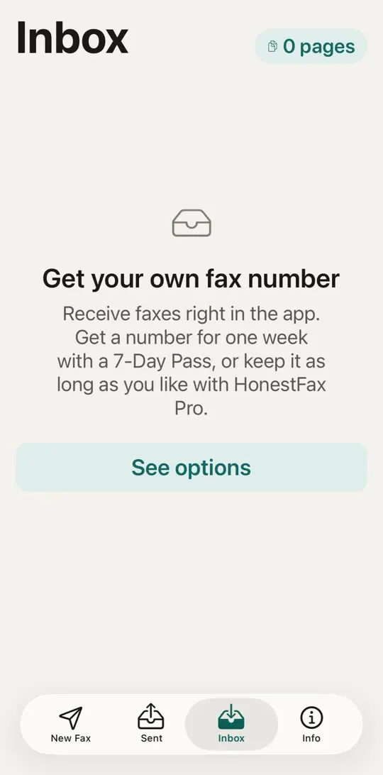 HonestFax Inbox tab before you have a number, with a See options button