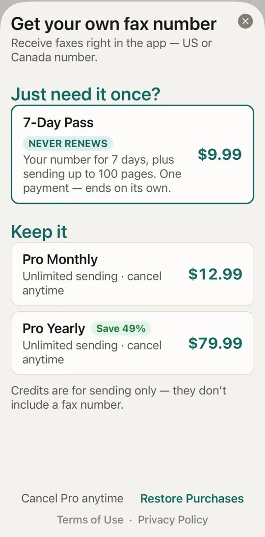 Plans screen with the 7-Day Pass at $9.99 and HonestFax Pro monthly and yearly