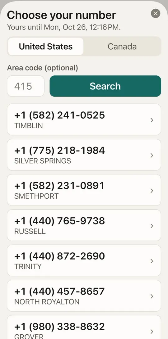 Choose your number screen with a list of available US fax numbers and their towns