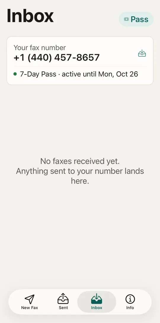 Inbox showing your new fax number and the date the 7-Day Pass is active until