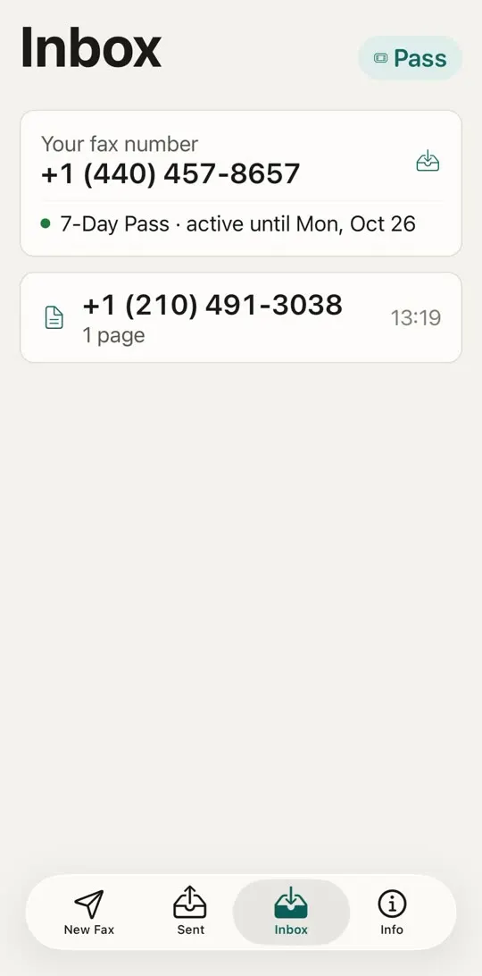 Inbox with a received one-page fax listed under your fax number