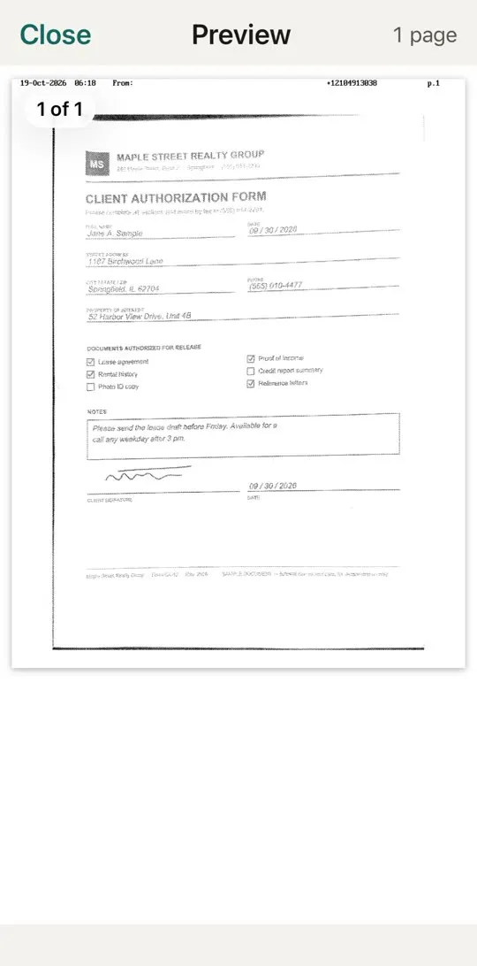A received fax opened as a PDF, with the fax header line at the top of the page