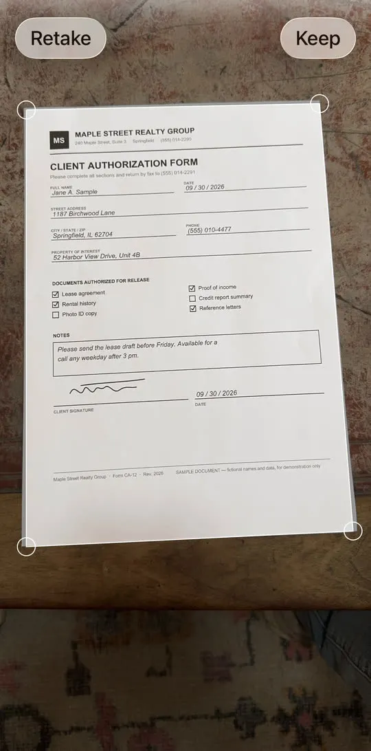 Scanned form straightened, with Retake and Keep buttons