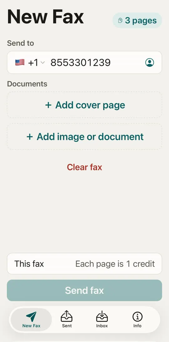 HonestFax New Fax screen with a US fax number entered under Send to