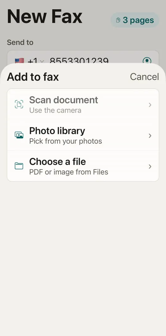 Add to fax menu with Choose a file, PDF or image from Files