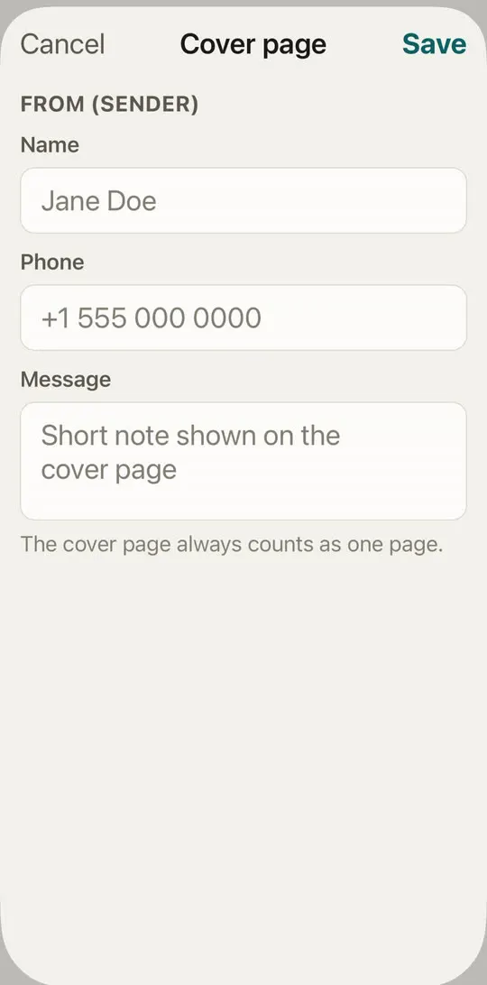 HonestFax cover page form with name, phone and message fields