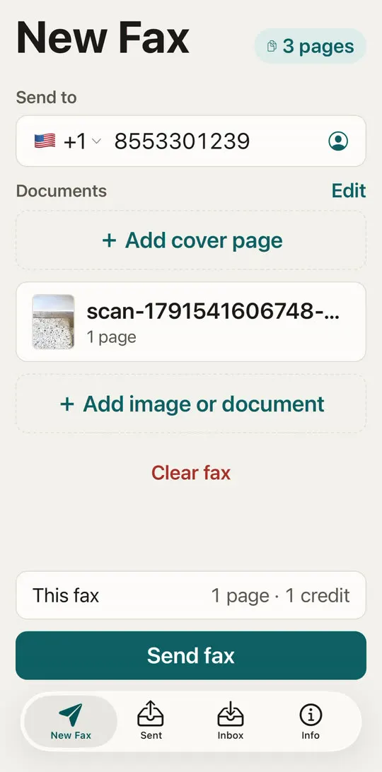 New Fax screen with the line This fax, 1 page, 1 credit above the Send fax button