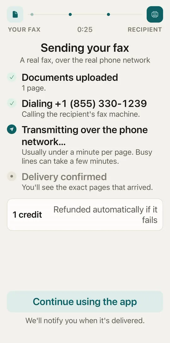 Sending screen showing 1 credit, refunded automatically if it fails