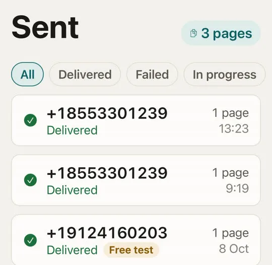 Sent tab listing three faxes marked Delivered