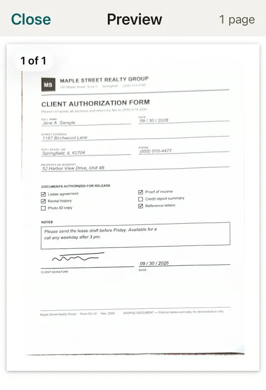 Preview of the exact page that was transmitted, a sample client authorization form