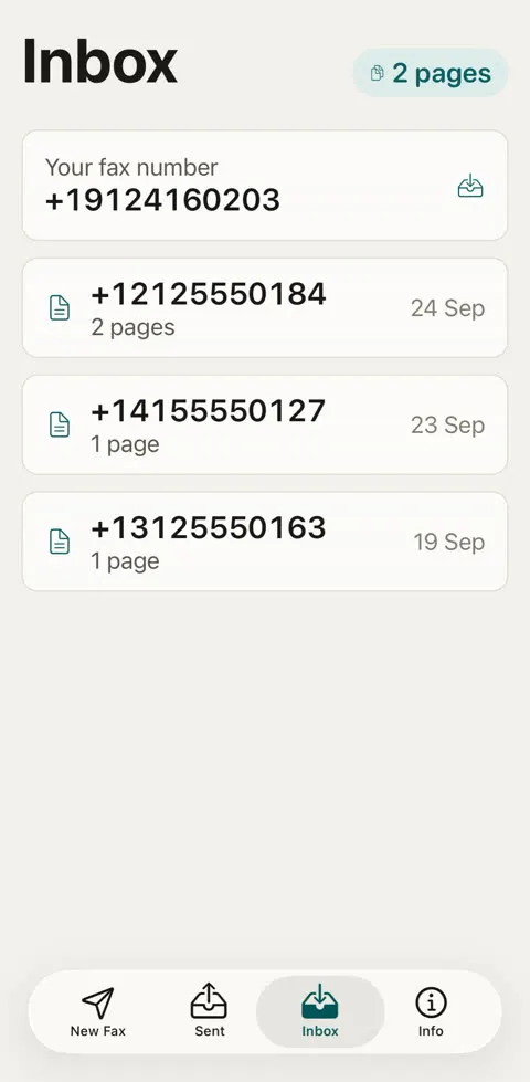 Inbox with received faxes from different numbers