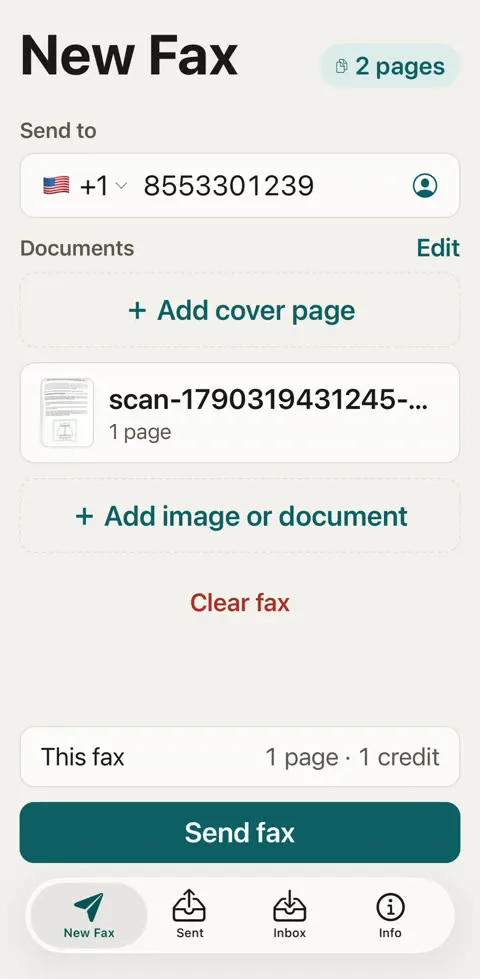 New Fax screen showing 1 page, 1 credit above the Send fax button