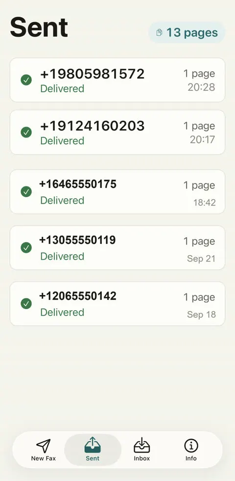 Sent list with five faxes marked Delivered